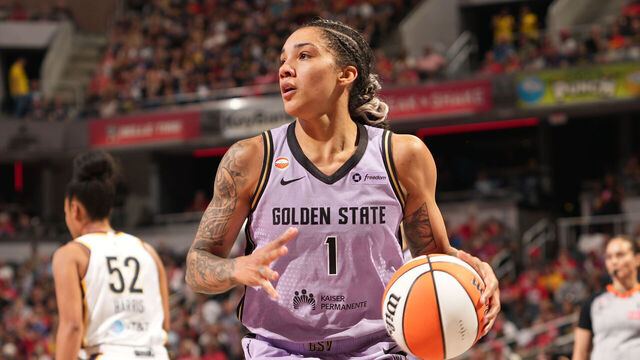 INDIANAPOLIS, IN - JULY 15: Gabby Williams #1 of the Golden State Valkyries dribbles the ball during the game against the Indiana Fever on July 15, 2026 at the Gainbridge Fieldhouse in Indianapolis, Indiana. Mandatory Copyright Notice: Copyright 2026 NBAE