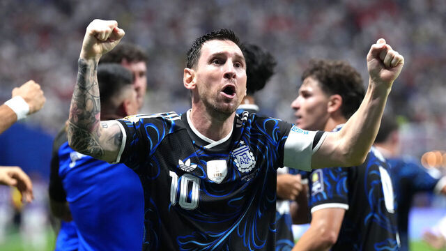 Argentina's Lionel Messi celebrates their side's first goal of the game, scored by Enzo Fernandez during the FIFA World Cup 2026 semi-final match at the Atlanta Stadium. Picture date: Wednesday July 15, 2026.