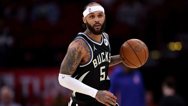 HOUSTON, TEXAS - APRIL 01: Gary Trent Jr. #5 of the Milwaukee Bucks brings the ball up court in the first half against the Houston Rockets at Toyota Center on April 01, 2026 in Houston, Texas.