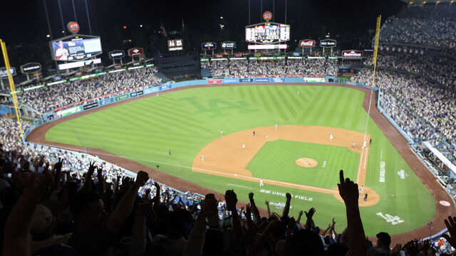 LOS ANGELES, CA - MARCH 26: A wide angle elevated view of Dodger Stadium after Los Angeles Dodgers catcher Will Smith #16 hits a home run in the bottom of the seventh inning during a game between the Los Angeles Dodgers and the Arizona Diamondbacks on March 26, 2025 at Dodger Stadium in Los Angeles, California.