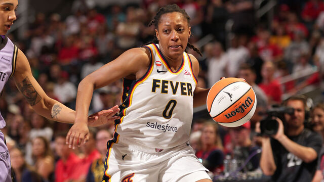 INDIANAPOLIS, IN - JULY 15: Kelsey Mitchell #0 of the Indiana Fever dribbles the ball during the game against the Golden State Valkyries on July 15, 2026 at the Gainbridge Fieldhouse in Indianapolis, Indiana. Mandatory Copyright Notice: Copyright 2026 NBAE
