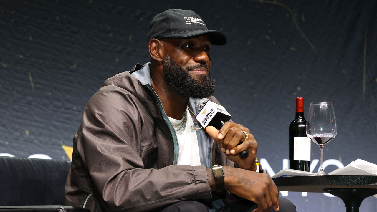 NEW YORK, NEW YORK - JULY 16: LeBron James speaks onstage during the mind the game panel at Fanatics Fest NYC 2026 at Jacob Javits Center on July 16, 2026 in New York City.