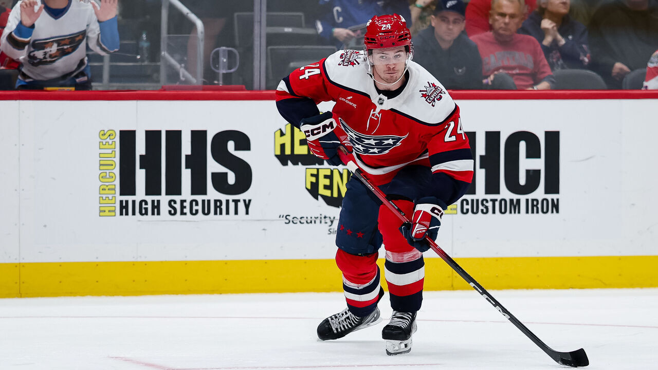 WASHINGTON, DC - APRIL 04: Connor McMichael #24 of the Washington Capitals skates with the puck against the Buffalo Sabres during the second period of the game at Capital One Arena on April 4, 2026 in Washington, DC.