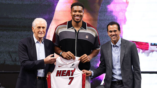 MIAMI, FLORIDA - JULY 16: Miami Heat President Pat Riley (L) and head coach Erik Spoelstra (R) pose for a photo with Giannis Antetokounmpo #7 of the Miami Heat during an introductory press conference at Kaseya Center on July 16, 2026 in Miami, Florida.