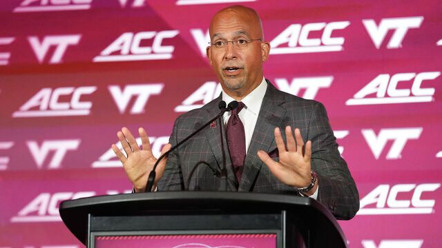 CHARLOTTE, NORTH CAROLINA - JULY 16: Head coach James Franklin of the Virginia Tech Hokies speaks during the ACC Kickoff media days at Hilton Charlotte Uptown on July 16, 2026 in Charlotte, North Carolina.