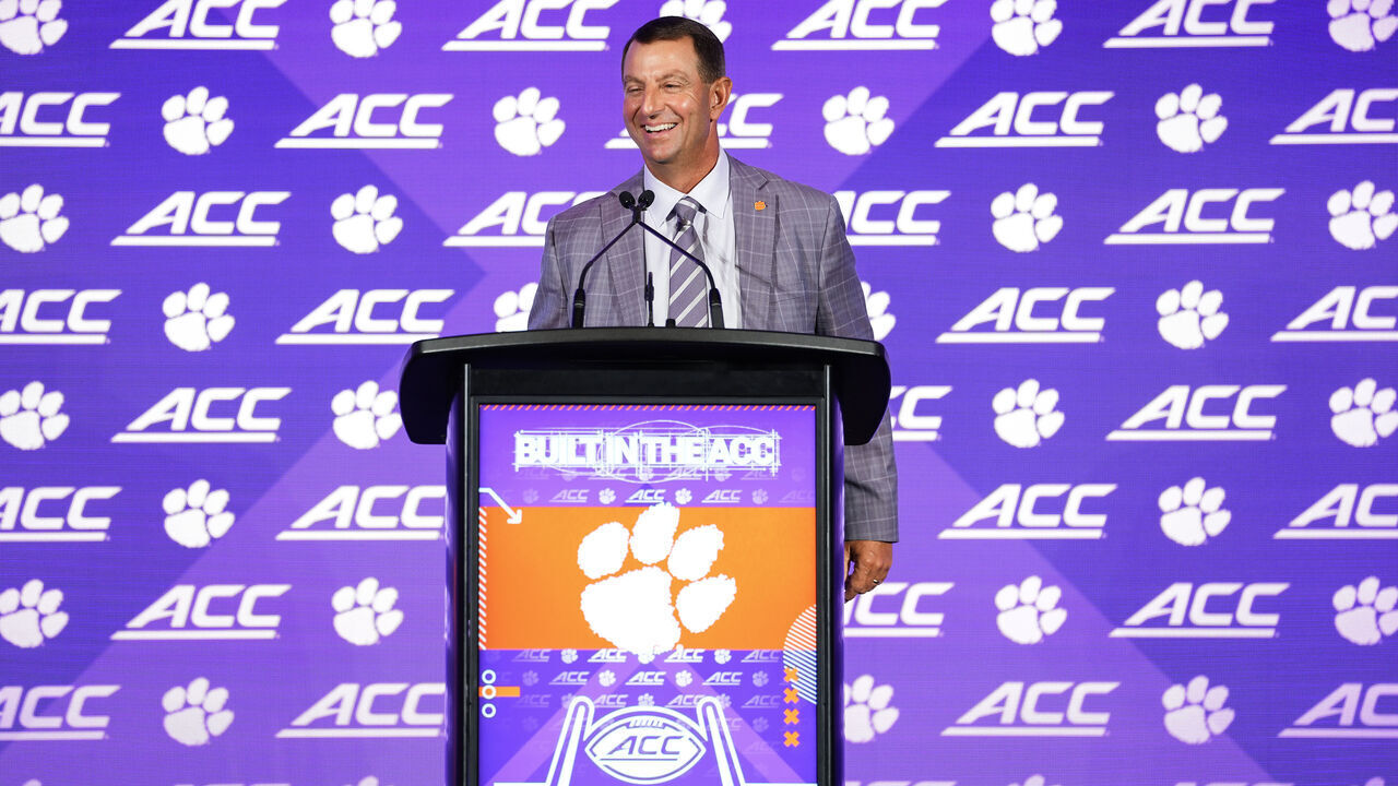 CHARLOTTE, NORTH CAROLINA - JULY 16: Head coach Dabo Swinney of the Clemson Tigers speaks during the ACC Kickoff media days at Hilton Charlotte Uptown on July 16, 2026 in Charlotte, North Carolina.