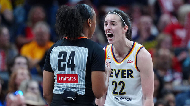 INDIANAPOLIS, IN - JULY 15: Indiana Fever guard Caitlin Clark (22) is upset at a referee for not calling a foul when she took a shot against the Golden State Valkyries on July 15, 2026, at Gainbridge Fieldhouse in Indianapolis, Indiana.