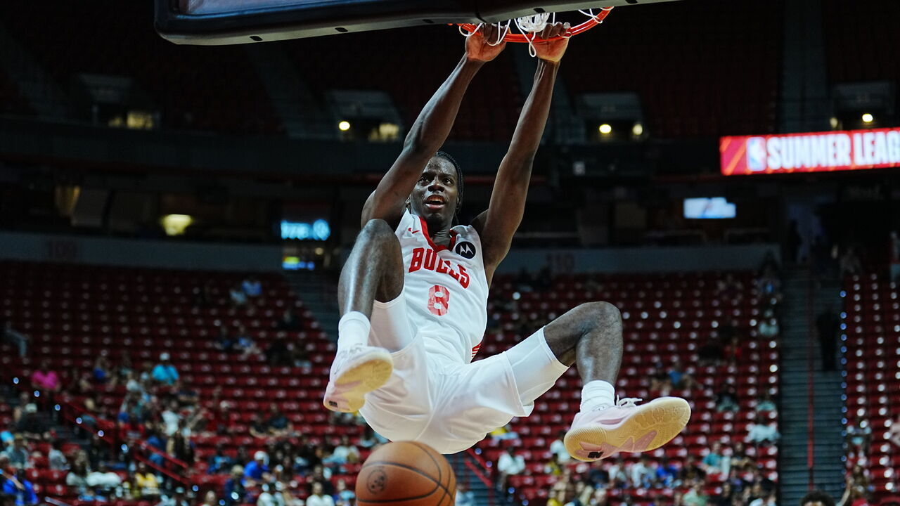 LAS VEGAS, NEVADA - JULY 16: Caleb Wilson #8 of the Chicago Bulls dunks in the second half of the 2026 NBA Summer League game against the Los Angeles Lakersat the Thomas & Mack Center on July 16, 2026 in Las Vegas, Nevada.