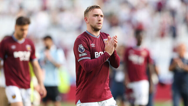 LONDON, ENGLAND - MAY 24: West Ham United's Jarrod Bowen applauds the fans at the final whistle during the Premier League match between West Ham United and Leeds United at London Stadium on May 24, 2026 in London, England.