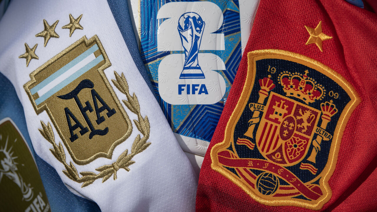MANCHESTER, ENGLAND - JULY 16: The Argentina and Spain badges with the official World Cup 2026 match ball on July 16, 2026 in Manchester, England.