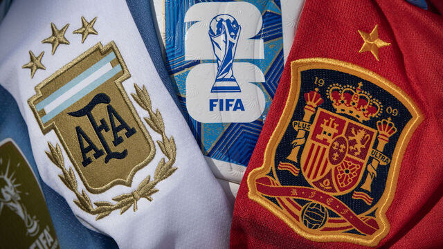 MANCHESTER, ENGLAND - JULY 16: The Argentina and Spain badges with the official World Cup 2026 match ball on July 16, 2026 in Manchester, England.