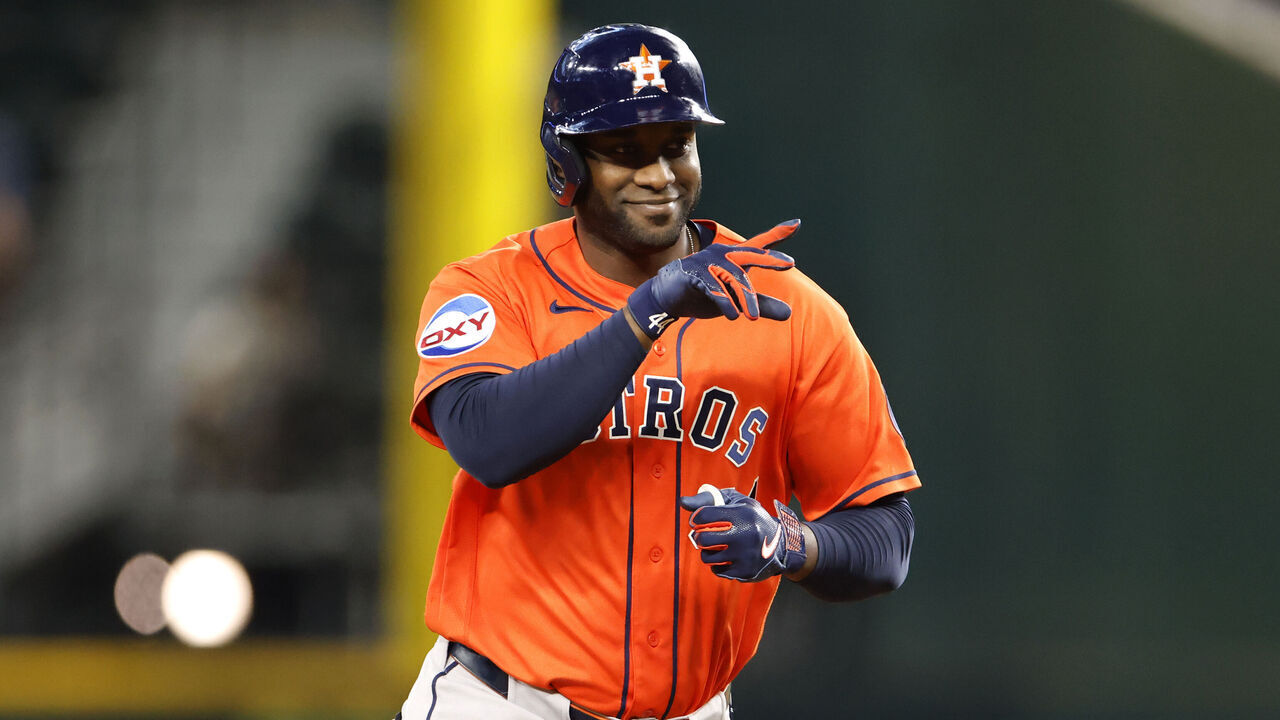 ARLINGTON, TEXAS - MAY 27: Yordan Alvarez #44 of the Houston Astros celebrates after hitting a solo home run against the Texas Rangers during the fourth inning at Globe Life Field on May 27, 2026 in Arlington, Texas.