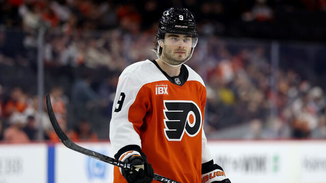 PHILADELPHIA, PENNSYLVANIA - MARCH 09: Jamie Drysdale #9 of the Philadelphia Flyers looks on during the second period against the New York Rangers at Xfinity Mobile Arena on March 09, 2026 in Philadelphia, Pennsylvania.