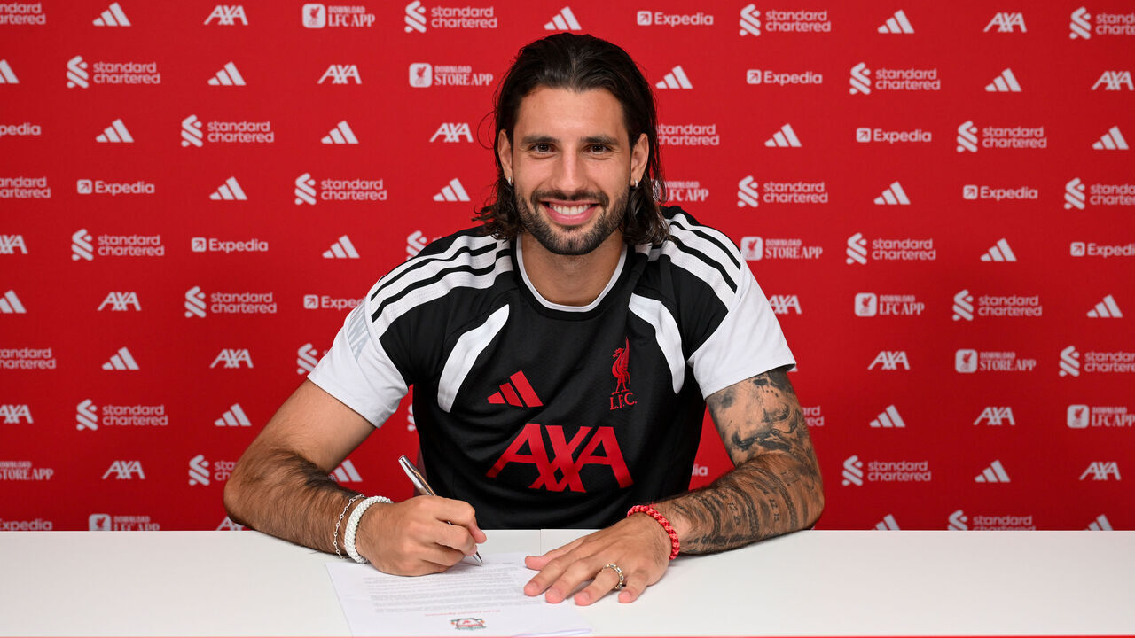 KIRKBY, ENGLAND - JULY 17: (THE SUN OUT, THE SUN ON SUNDAY OUT) Dominik Szoboszlai of Liverpool signs a contract extension at AXA Training Centre on July 17, 2026 in Kirkby, England.
