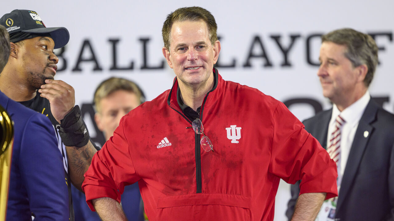 MIAMI GARDENS, FL - JANUARY 19: Head Coach Curt Cignetti of the Indiana Hoosiers smiles after the Indiana Hoosiers versus the Miami Hurricanes College Football Playoff National Championship Game Presented by AT&T on January 19, 2026, at Hard Rock Stadium in Miami Gardens, FL.