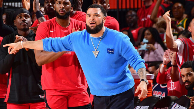 HOUSTON, TX - APRIL 24: Fred VanVleet #5 of the Houston Rockets looks on during the game against the Los Angeles Lakers during Round 1 Game 3 of the 2026 NBA Playoffs on April 24, 2026 at the Toyota Center in Houston, Texas. Mandatory Copyright Notice: Copyright 2026 NBAE