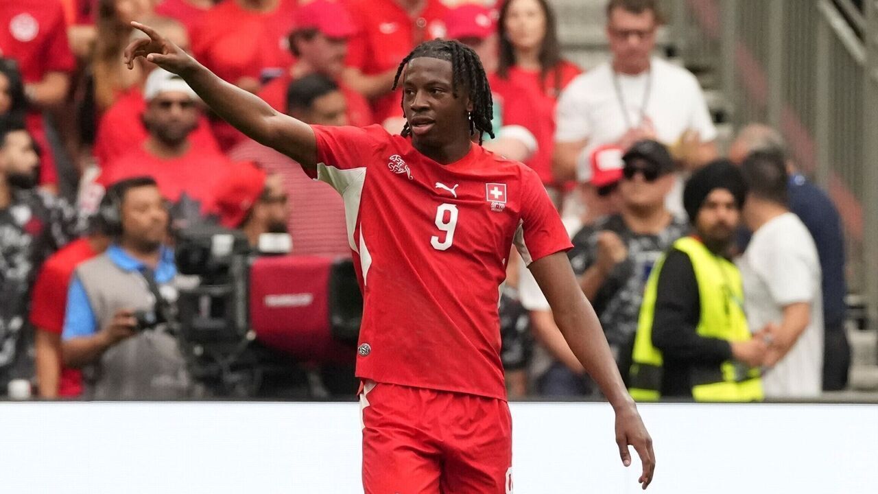 Johan Manzambi of Switzerland celebrates a goal during the group B match between Switzerland and Canada at the 2026 FIFA World Cup at BC Place Vancouver in Vancouver, Canada, June 24, 2026.