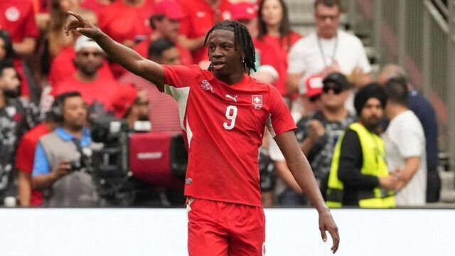 Johan Manzambi of Switzerland celebrates a goal during the group B match between Switzerland and Canada at the 2026 FIFA World Cup at BC Place Vancouver in Vancouver, Canada, June 24, 2026.