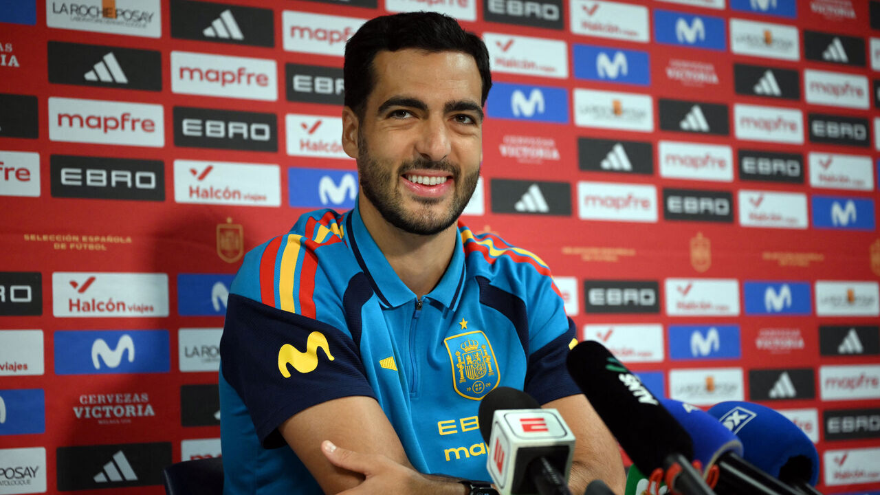 Spain's midfielder #06 Mikel Merino gives a press conference two days ahead of the 2026 World Cup football tournament final match at Melanie Lane Training Grounds in East Hanover on July 17, 2026.