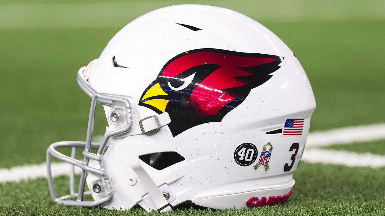 ARLINGTON, TEXAS - NOVEMBER 03: Detail view of an Arizona Cardinals helmet prior to an NFL football game between the Arizona Cardinals and the Dallas Cowboys at AT&T Stadium on November 3, 2025 in Arlington, Texas.