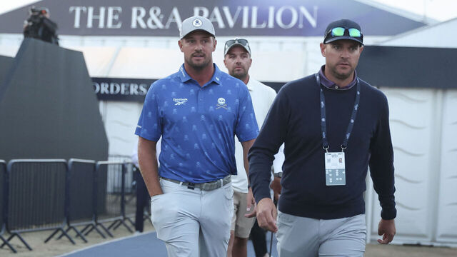 SOUTHPORT, ENGLAND - JULY 17: Bryson DeChambeau of the United States departs scoring after being assessed a two-stroke penalty on day two of the The 154th Open Championship at Royal Birkdale on July 17, 2026 in Southport, England.