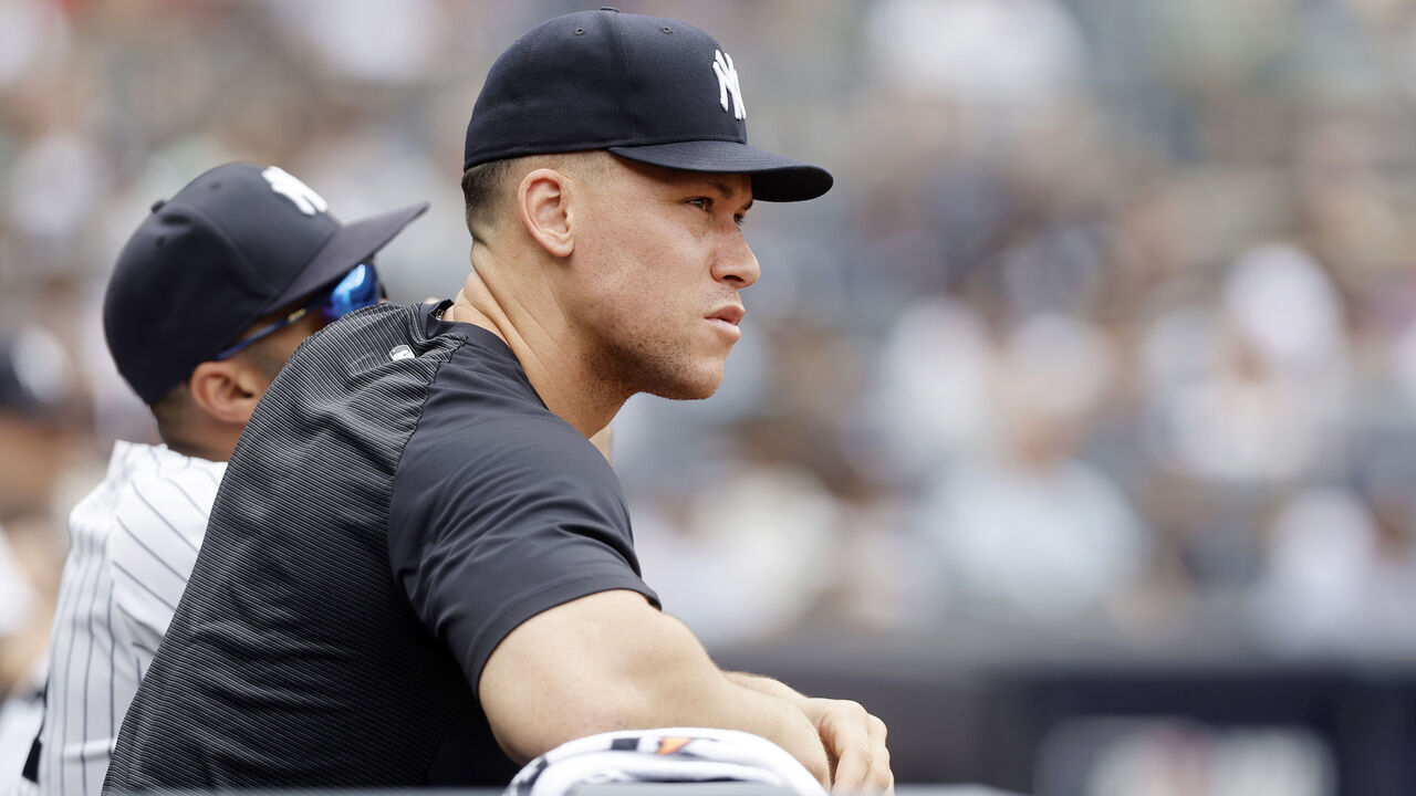 NEW YORK, NEW YORK - JULY 05: Aaron Judge #99 of the New York Yankees looks on from the dugout during the game against the Minnesota Twins at Yankee Stadium on July 05, 2026 in New York City.