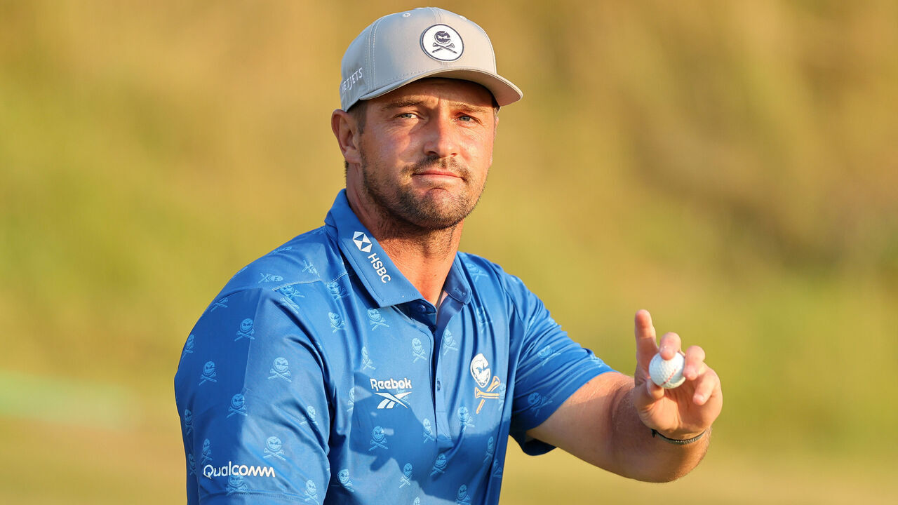 SOUTHPORT, ENGLAND - JULY 17: Bryson DeChambeau of the United States celebrates birdie putt on the 18th green on day two of the The 154th Open Championship at Royal Birkdale on July 17, 2026 in Southport, England.