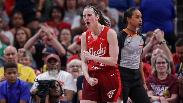 INDIANAPOLIS, INDIANA - JULY 17: Caitlin Clark #22 of the Indiana Fever reacts during the second half against the Seattle Storm at Gainbridge Fieldhouse on July 17, 2026 in Indianapolis, Indiana.