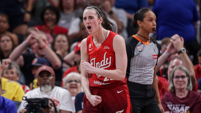 INDIANAPOLIS, INDIANA - JULY 17: Caitlin Clark #22 of the Indiana Fever reacts during the second half against the Seattle Storm at Gainbridge Fieldhouse on July 17, 2026 in Indianapolis, Indiana.