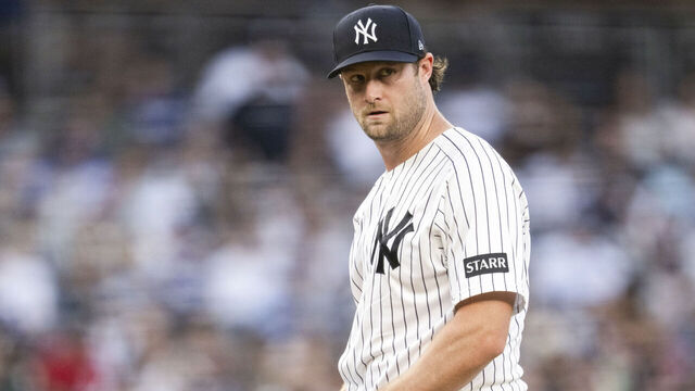NEW YORK, NY - JULY 17: Gerrit Cole #45 of the New York Yankees looks on during the game between the Los Angeles Dodgers and the New York Yankees at Yankee Stadium on Friday, July 17, 2026 in New York, New York.