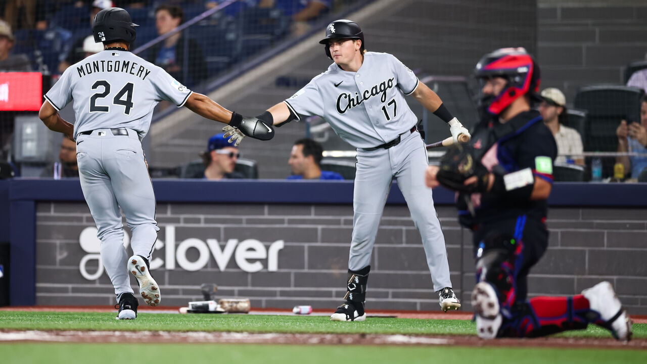 TORONTO, CANADA - JULY 17: Braden Montgomery #24 of the Chicago White Sox celebrates at the plate with Sam Antonacci #17 after scoring on a single off the bat of Chase Meidroth #10 (not pictured) in the second nning of their MLB game against the Toronto Blue Jays at Rogers Centre on July 17, 2026 in Toronto, Ontario, Canada.