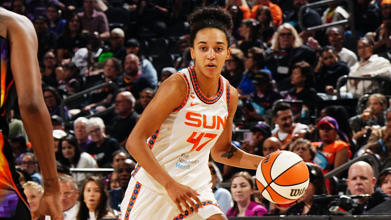 PHOENIX, AZ - JULY 17: Leila Lacan #47 of the Connecticut Sun dribbles the ball during the game against the Phoenix Mercury on July 17, 2026 at Mortgage Matchup Center in Phoenix, Arizona. Mandatory Copyright Notice: Copyright 2026 NBAE