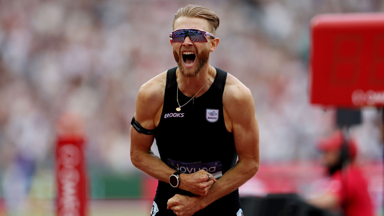 LONDON, ENGLAND - JULY 18: Josh Kerr of Team Great Britain celebrates after winning the 1 Mile Men's Final and setting a new World Record during the Novuna London Athletics Meet, part of the 2026 Wanda Diamond League, at London Stadium on July 18, 2026 in London, England.