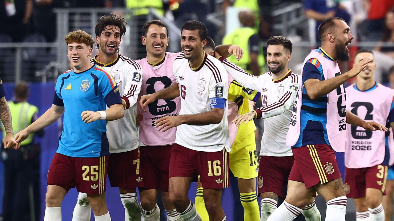 (From L) Spain's forward #25 Victor Munoz, forward #07 Ferran Torres, forward #21 Mikel Oyarzabal, midfielder #16 Rodri and midfielder #15 Alex Baena celebrate after winning the 2026 World Cup football tournament semi-final match between France and Spain at the Dallas Stadium in Arlington on July 14, 2026.