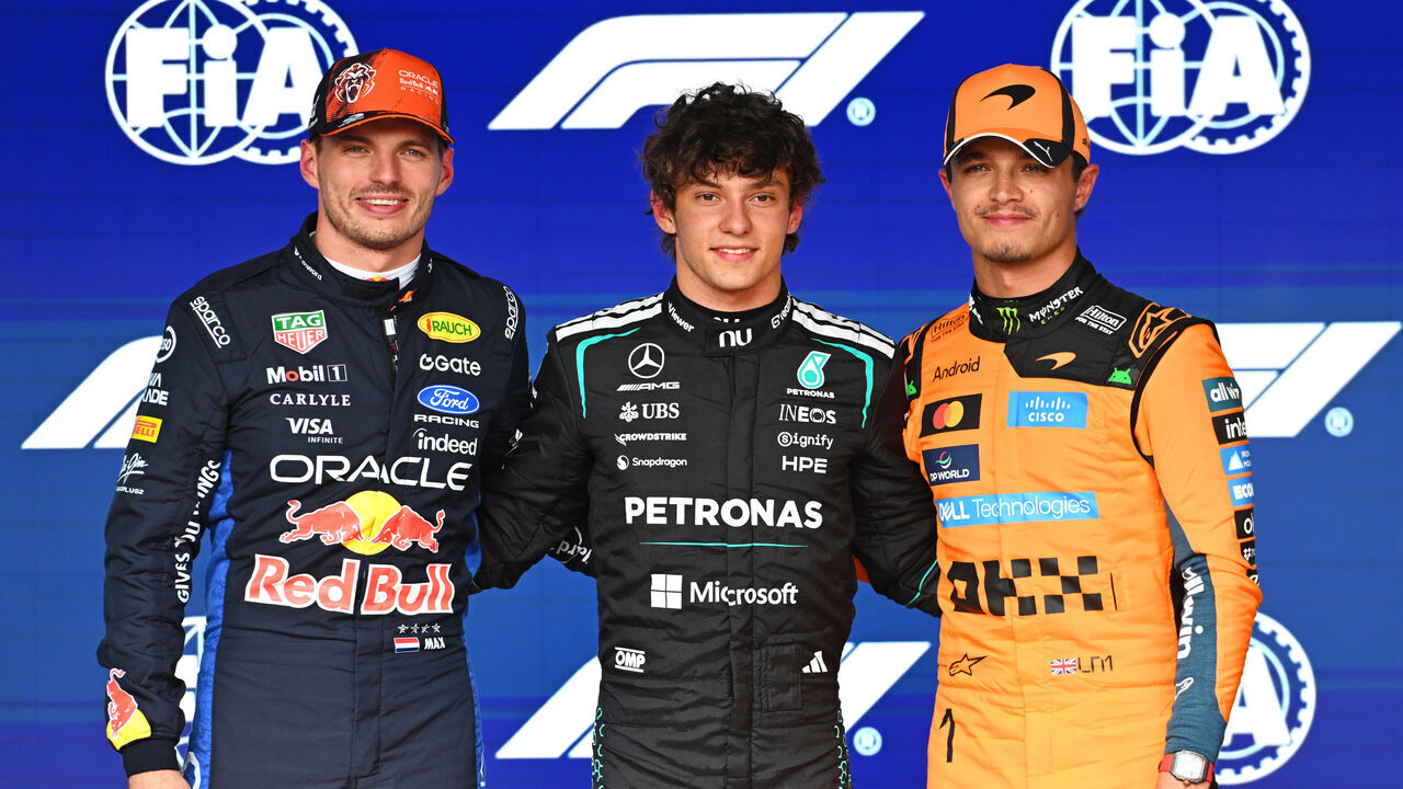 SPA, BELGIUM - JULY 18: Pole position qualifier Andrea Kimi Antonelli of Italy and Mercedes AMG Petronas F1 Team Second placed qualifier Max Verstappen of the Netherlands and Oracle Red Bull Racing and Third placed qualifier Lando Norris of Great Britain and McLaren look on during qualifying ahead of the F1 Grand Prix of Belgium at Circuit de Spa-Francorchamps on July 18, 2026 in Spa, Belgium.
