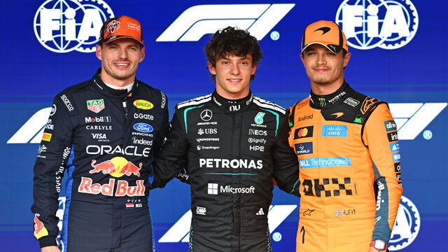 SPA, BELGIUM - JULY 18: Pole position qualifier Andrea Kimi Antonelli of Italy and Mercedes AMG Petronas F1 Team Second placed qualifier Max Verstappen of the Netherlands and Oracle Red Bull Racing and Third placed qualifier Lando Norris of Great Britain and McLaren look on during qualifying ahead of the F1 Grand Prix of Belgium at Circuit de Spa-Francorchamps on July 18, 2026 in Spa, Belgium.
