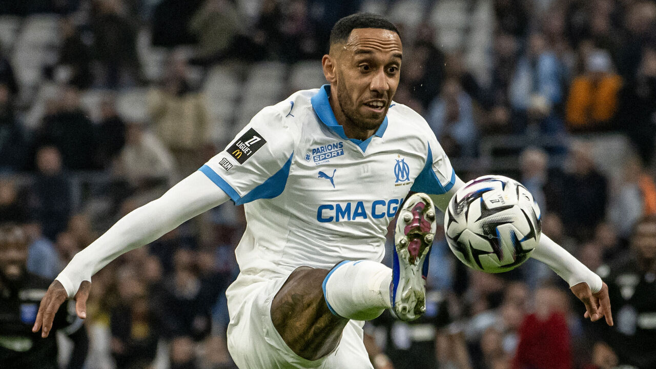 Marseille's Gabonese forward #17 Pierre-Emerick Aubameyang controls the ball during the French L1 football match between Olympique de Marseille (OM) and Auxerre at the Stade Velodrome in Marseille, southern France on March 13, 2026.
