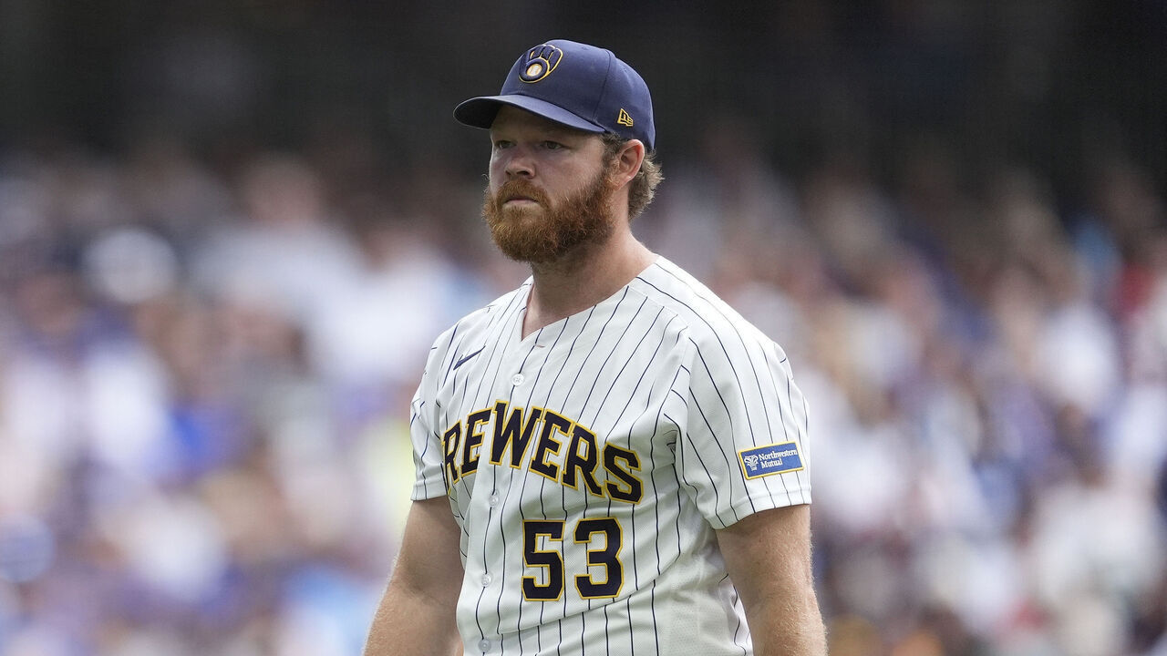 MILWAUKEE, WISCONSIN - JUNE 28: Brandon Woodruff #53 of the Milwaukee Brewers reacts against the Chicago Cubs during a game at American Family Field on June 28, 2026 in Milwaukee, Wisconsin.
