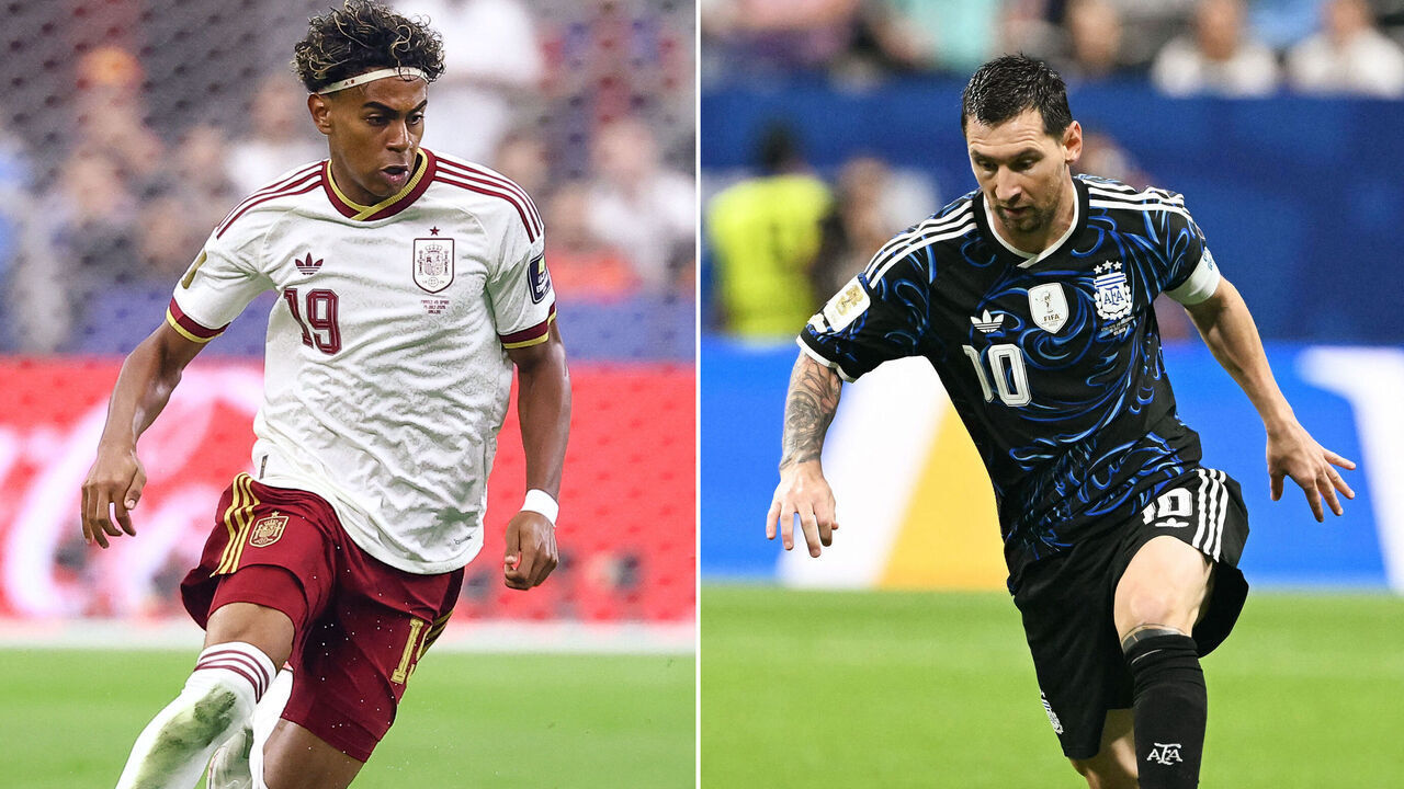 (COMBO) This combination of file photos created on July 18, 2026, shows Spain's forward #19 Lamine Yamal at the Dallas Stadium in Arlington on July 14, 2026 (L); and Argentina's forward #10 Lionel Messi in Atlanta on July 15, 2026. Spain and Argentina will meet in the 2026 World Cup football tournament final match at the New York/New Jersey Stadium in East Rutherford on July 19, 2026.