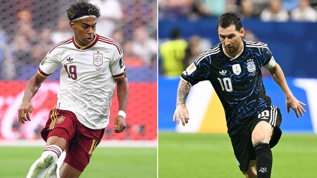(COMBO) This combination of file photos created on July 18, 2026, shows Spain's forward #19 Lamine Yamal at the Dallas Stadium in Arlington on July 14, 2026 (L); and Argentina's forward #10 Lionel Messi in Atlanta on July 15, 2026. Spain and Argentina will meet in the 2026 World Cup football tournament final match at the New York/New Jersey Stadium in East Rutherford on July 19, 2026.