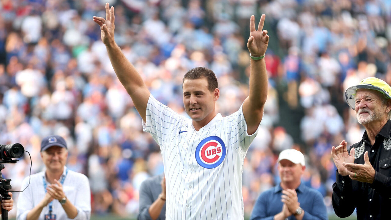 CHICAGO, ILLINOIS - JULY 17: Former Chicago Cubs player Anthony Rizzo and actor Bill Murray throw out the ceremonial first pitch prior to the game of the Chicago Cubs and the Minnesota Twins at Wrigley Field on July 17, 2026 in Chicago, Illinois.