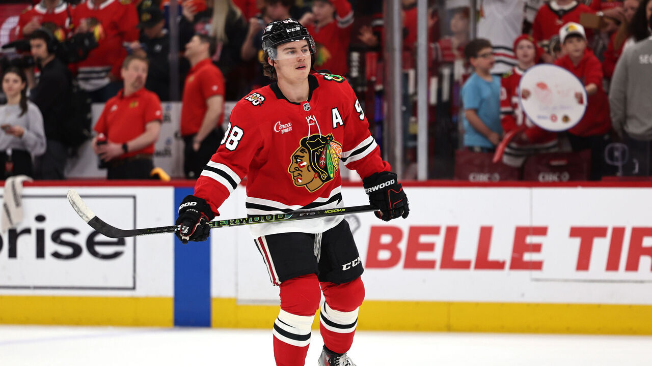 CHICAGO, ILLINOIS - APRIL 15: Connor Bedard #98 of the Chicago Blackhawks looks on against the San Jose Sharks at the United Center on April 15, 2026 in Chicago, Illinois.
