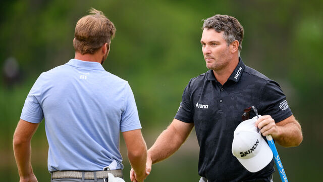 CALEDON, ON - JUNE 08: Ryan Fox of New Zealand shakes hands with Sam Burns of the United States after winning the the RBC Canadian Open at TPC Toronto at Osprey Valley on June 08, 2025 in Caledon, Ontario, Canada.