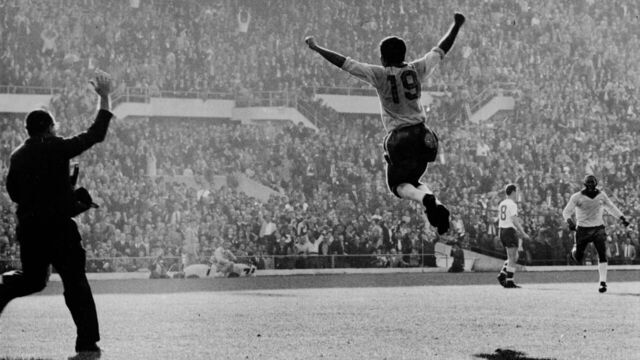 Brazilian player Zito celebrates scoring the second goal for Brazil during the 1962 World Cup final in Santiago, Chile. Brazil beat Czechoslovakia 3-1.