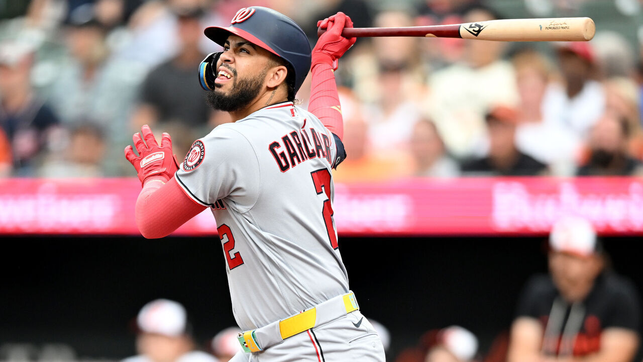 BALTIMORE, MARYLAND - JUNE 27: Luis García Jr. #2 of the Washington Nationals bats against the Baltimore Orioles at Oriole Park at Camden Yards on June 27, 2026 in Baltimore, Maryland.