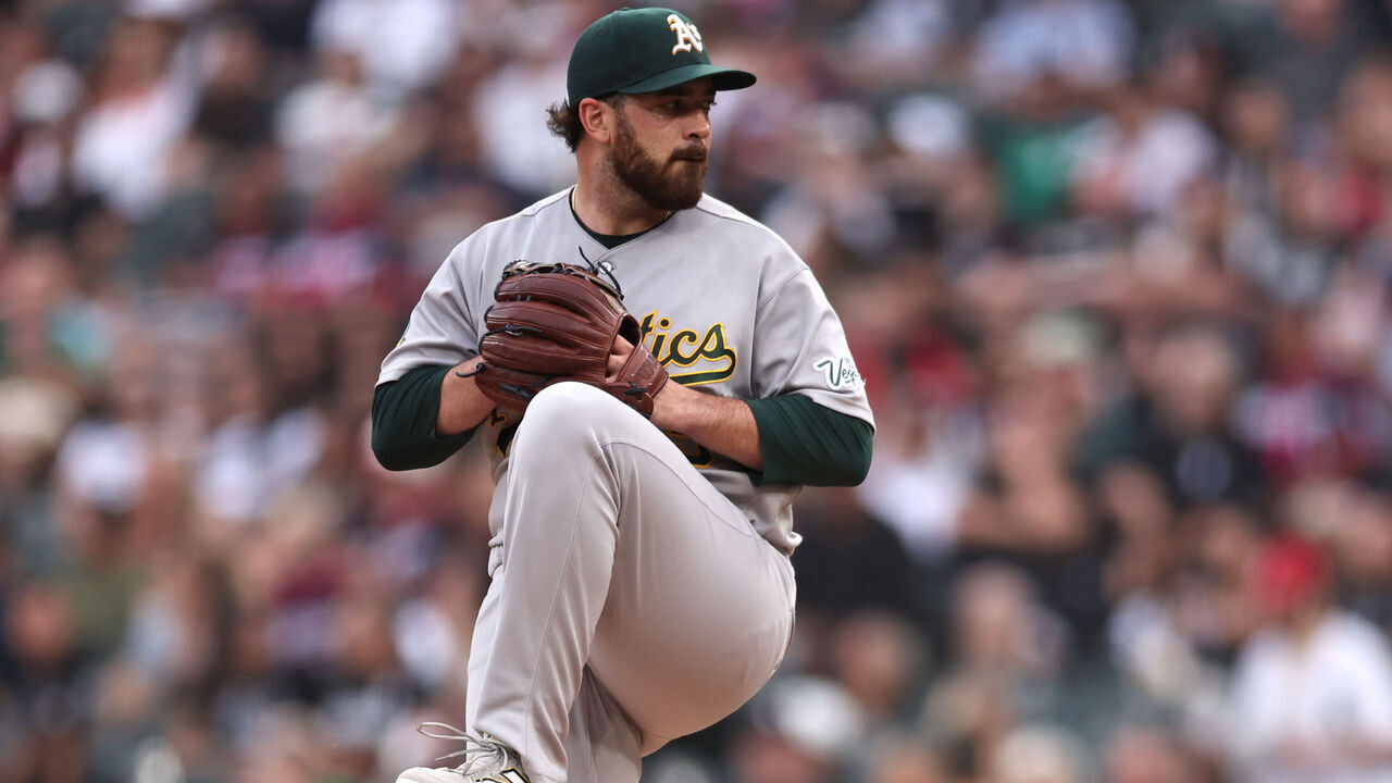 CHICAGO, ILLINOIS - JULY 10: Aaron Civale #45 of the Athletics pitches during the second inning against the Chicago White Sox at Rate Field on July 10, 2026 in Chicago, Illinois.