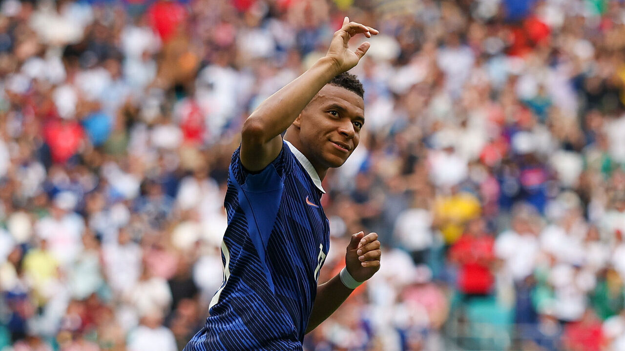 MIAMI GARDENS, FLORIDA - JULY 18: Kylian Mbappe #10 of France celebrates after scoring his team’s first goal during the FIFA World Cup 2026 Bronze Final between France and England at Miami Stadium on July 18, 2026 in Miami Gardens, Florida.