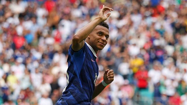 MIAMI GARDENS, FLORIDA - JULY 18: Kylian Mbappe #10 of France celebrates after scoring his team’s first goal during the FIFA World Cup 2026 Bronze Final between France and England at Miami Stadium on July 18, 2026 in Miami Gardens, Florida.
