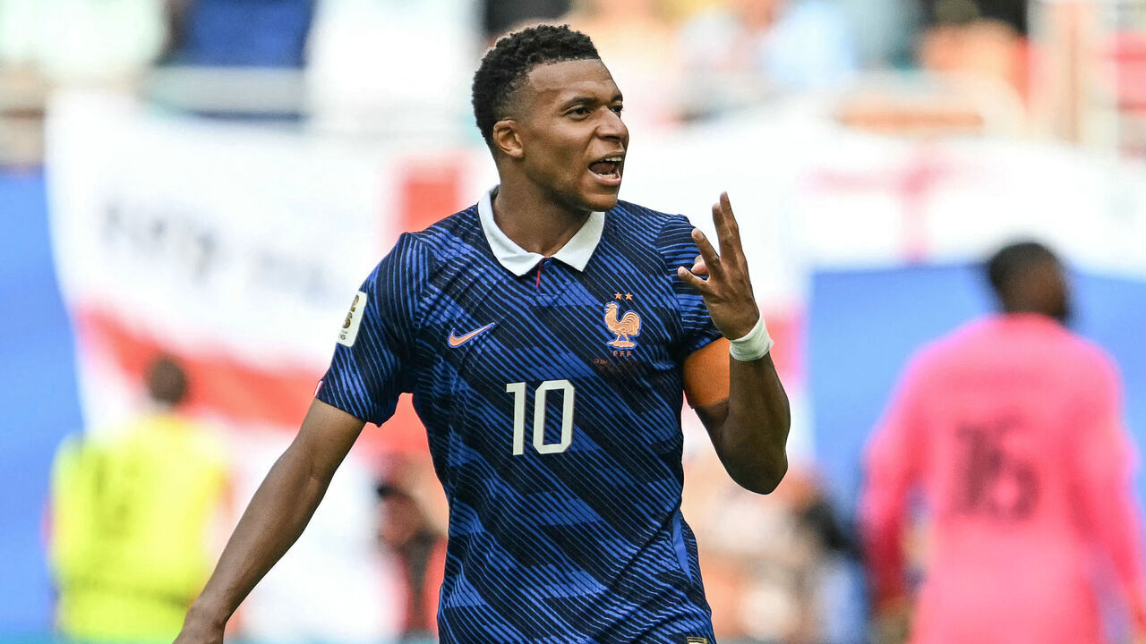 France's forward #10 Kylian Mbappe celebrates scoring his team's third goal during the 2026 World Cup football tournament third-place match between France and England at the Miami Stadium in Miami on July 18, 2026.