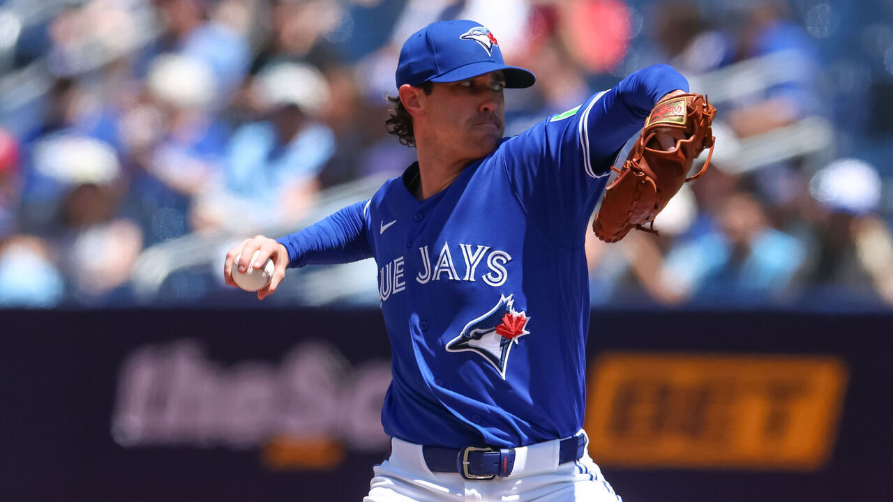 TORONTO, CANADA - JUNE 28: Shane Bieber #57 of the Toronto Blue Jays pitches in the first inning of their MLB game against the Texas Rangers at Rogers Centre on June 28, 2026 in Toronto, Canada.